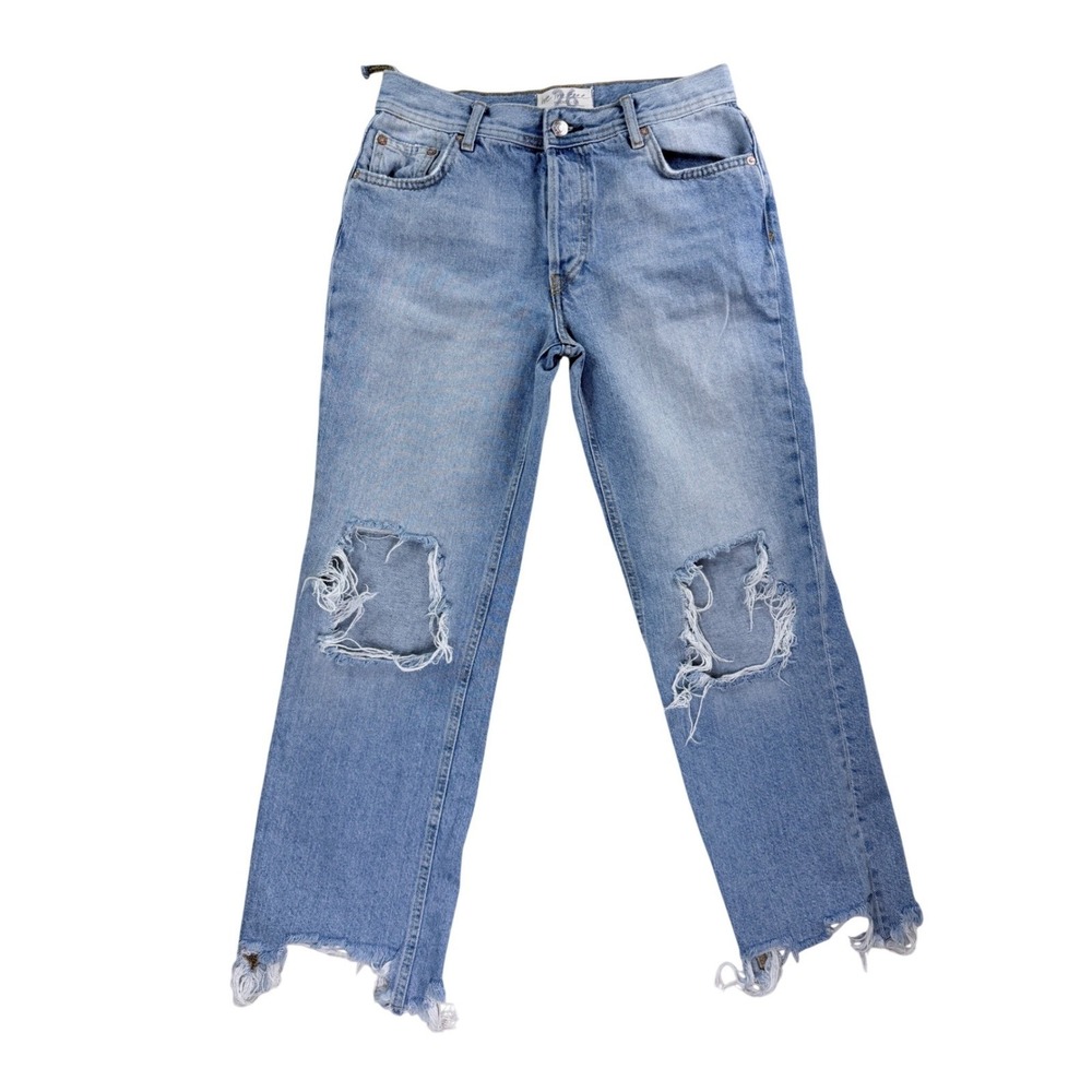 We The Free Jeans Women 26 Blue Distressed Straight Leg High Rise Button Fly